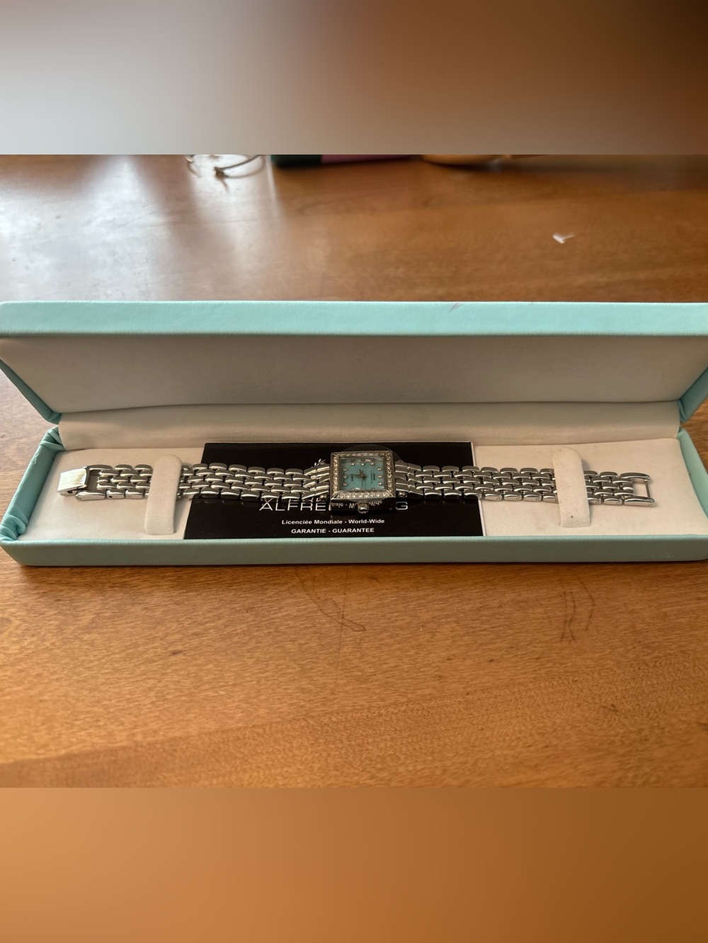 ALFRED SUNG Jewel Art Deco Silver MOP Women's Crystals Square Bracelet Watch